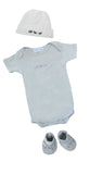 ensemble cadeau naissance bébé body,chaussons et bonnet assortis gris