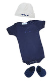 ensemble cadeau naissance bébé body,chaussons bonnet assortis bleu marine