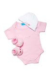 ensemble cadeau naissance bébé body,chaussons et bonnet assortis rose clair