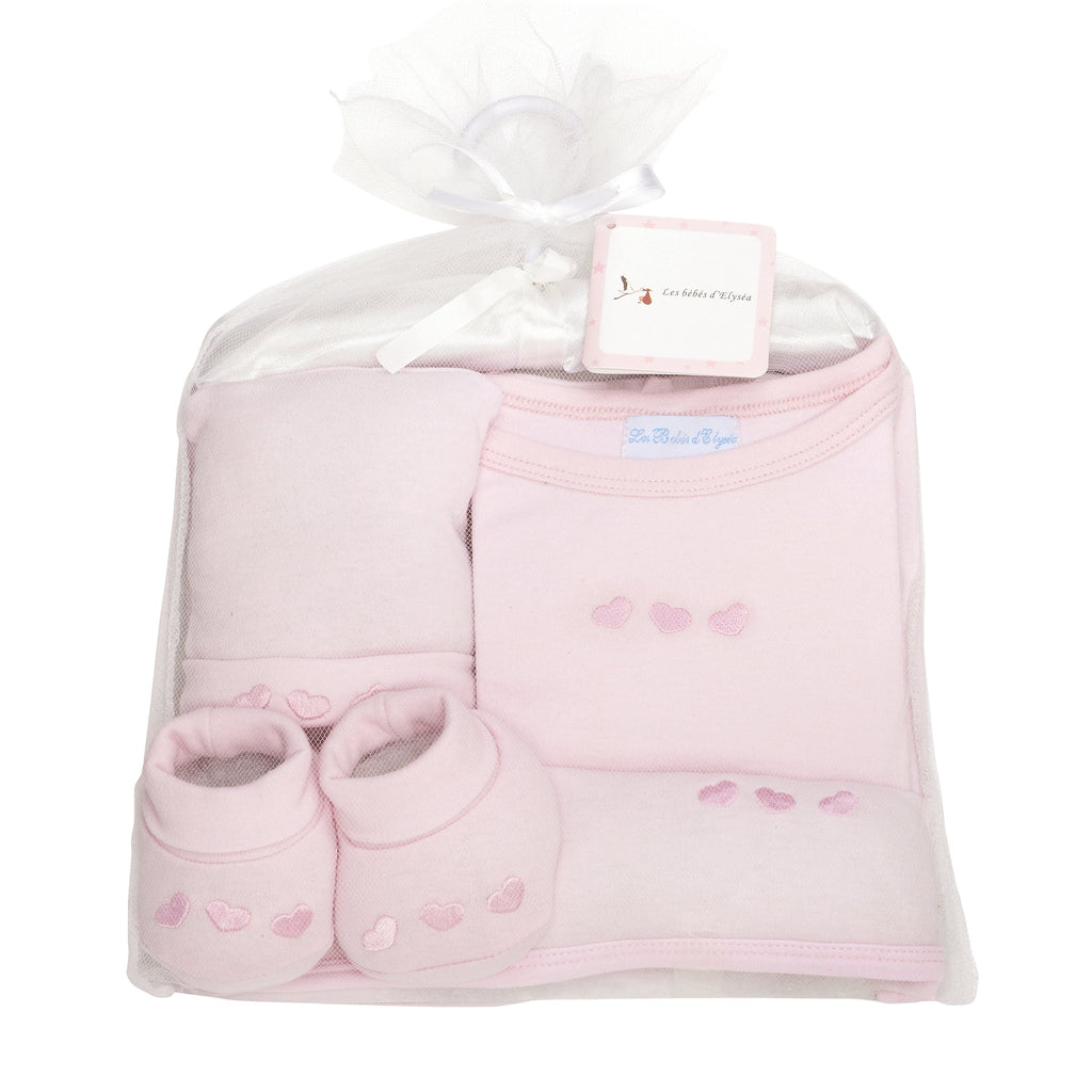 cadeau naissance bébé ensemble body chaussons débarbouillette ceintreet bonnet assortis rose