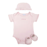 cadeau naissance bébé ensemble body chaussons débarbouillette ceintreet bonnet assortis rose