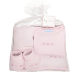 cadeau naissance bébé ensemble body chaussons débarbouillette ceintreet bonnet assortis rose