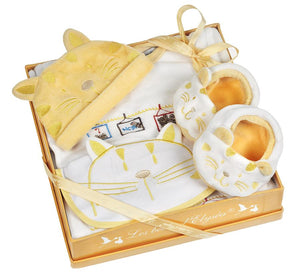 coffret cadeau naissance bébé  chat abricot grenouillere  chapeau chaussons bavoir