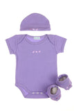 cadeau naissance bébé ensemble body chaussons débarbouillette ceintreet bonnet assortis violet