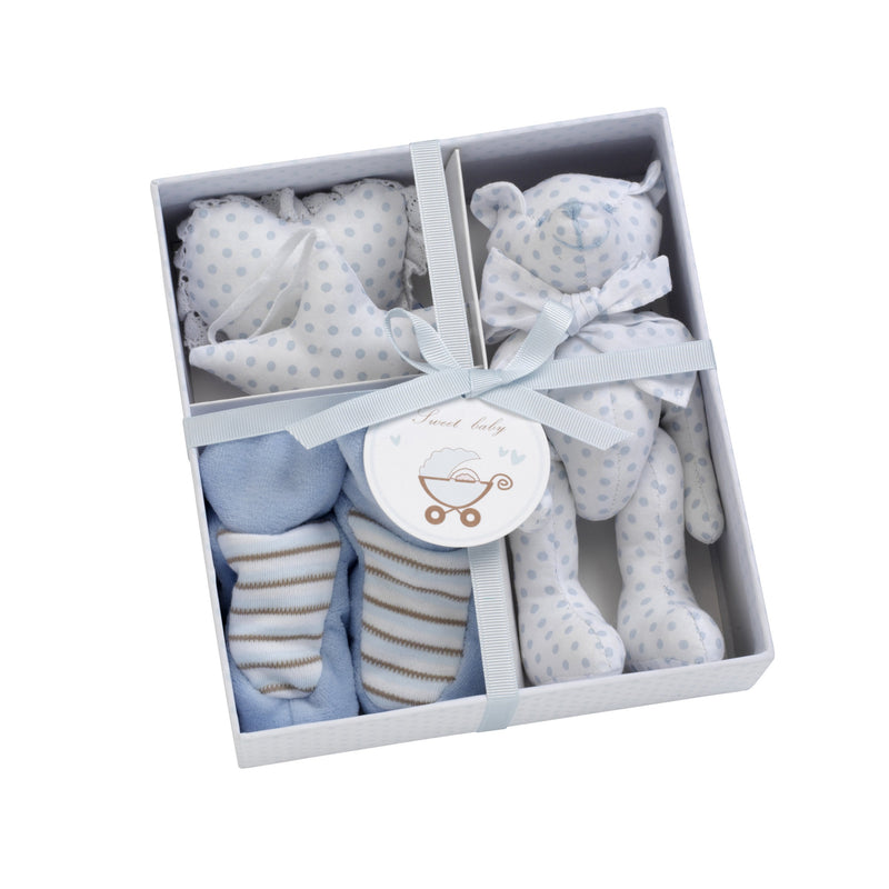 Coffret Cadeau Bébé Garçon Bleu - 7 Essentiels Nouveau-Né Peluche Barboteuse Bavoir - Baby Box Shop