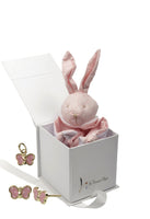 cadeau naissance coffret bijou bébé ou maman boucles d'oreilles pendentif papillon rose doudou lapin