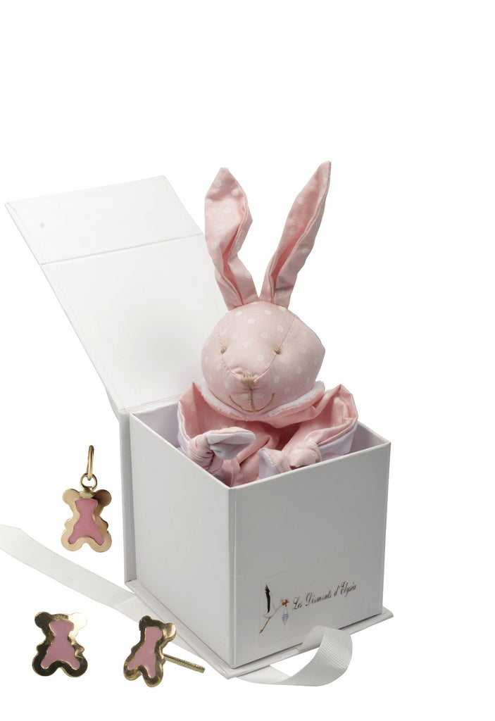 cadeau naissance coffret bijou bébé ou maman boucles d'oreilles pendentif ourson rose doudou lapin