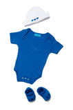 ensemble cadeau naissance bébé body,chaussons et bonnet assortis bleu roi
